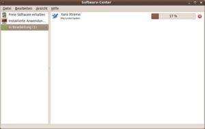 Abbildung 6: »Unter Bearbeitung« führt alle derzeitigen Vorgänge auf. In diesem Fall installiert das Software-Center das Malprogramm Xara. Mit einem Klick auf das rote Symbol rechts neben dem Fortschrittsbalken könnte man den Vorgang abbrechen.