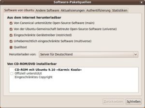 Abbildung 7: Hier wurden alle Standard-Repositories abgehakt und somit eingebunden. Dabei verwendet das Software-Center einen »Server für Deutschland«.