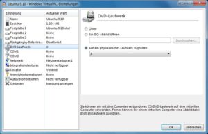 Abbildung 13: In den Einstellungen von VirtualPC wählt man die Netzwerkkarte und das zu nutzende CD- beziehungsweise DVD-Laufwerk aus.