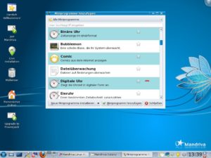Abbildung 2: Der KDE-Desktop mit einem der neuen Mandriva-Themes und geöffnetem Plasmoid-Auswahldialog.