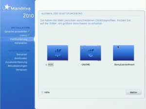 Abbildung 3: Zur Auswahl an Desktops stehen KDE 4, Gnome sowie eine benutzerdefinierte Variante. KDE 3 bietet Mandriva dem Anwender inzwischen nicht mehr an.