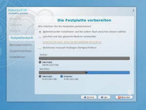 Abbildung 4: Das Partitionier-Tool erkennt eine vorhandene Windows-Installation. Per Schieberegler zapfen Sie Plattenplatz von Ihrer Windows-Installation ab.
