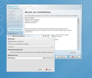Abbildung 5: Vor dem tatsächlichen Installieren erscheint eine Zusammenfassung Ihrer Pläne. Ein Klick auf "Erweitert" zeigt, wohin der Installer den Boot-Loader verfrachtet.