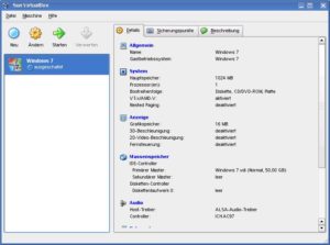 Abbildung 5: Das Hauptfenster von Virtualbox verwaltet links alle virtuellen Maschinen, rechts erscheinen die zugehörigen Einstellungen.