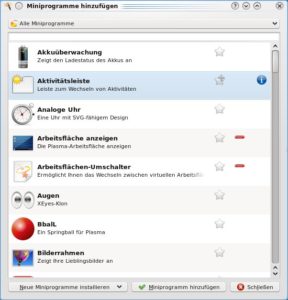 Abbildung 6: Auf der Plasmoiden-Farm: Über "Miniprogramme hinzufügen" erweitern Sie den Desktop um zahlreiche Plasmoiden mit interessanten Funktionen.