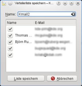 Abbildung 6: Bei der Eingabe mehrerer Empfänger bietet KMail die Möglichkeit, sie als Verteilerliste zu speichern.