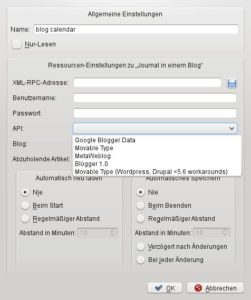 Abbildung 8: Als Journal (Tagebuch) dient auch ein Blog von Google oder WordPress. Über diesen Dialog richten Sie Ihr Blog ein und schreiben zukünftig auch in Kontact neue Einträge.