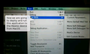 Monodevelop auf einem Mac installiert das geschriebene Gtk#-Programm remote auf einem Meego-Netbook. Ein Standbild aus Miguel de Icazas Video.