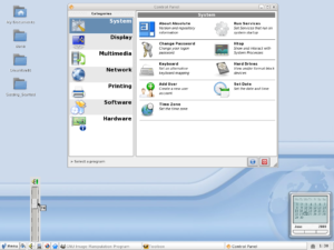 Der IceWM-Desktop von Absolute Linux mit dem Standard-Theme in Blau.