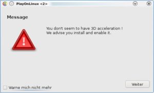 Abbildung 3: PlayOnLinux meldet, dass die 3D-Grafikbeschleunigung noch nicht funktioniert. Viele PC-Spiele bieten 3D-Grafik an und erfordern die Installation der entsprechenden Treiber.