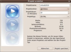 Abbildung 4: Die Projekteinstellungen dienen als Basis für alle weiteren Schritte und Aktionen in Openshot. Im Beispiel stammt das Quellmaterial aus einer DV-Kamera, der fertige Film ist auf 10 Minuten Spieldauer angelegt.