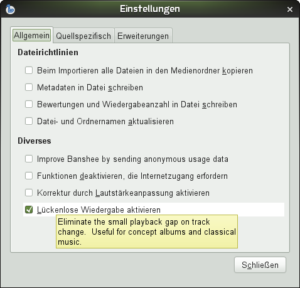 Die Lückenlose Wiedergabe ist in der Grundeinstellung bereits aktiv.