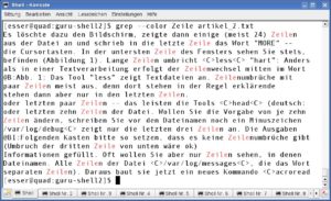 Abbildung 2: Der Aufruf "grep --color begriff datei" zeigt nur die passenden Stellen und hebt darin noch die Treffer rot hervor.
