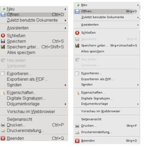 Abbildung 3: Das neue Menü von OpenOffice 3.2 (rechts) beschreibt die deutschen Schnelltasten richtig. Links das Menü von OpenOffice 3.1.