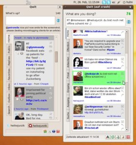 Abbildung 4: Die bei Ubuntu vorhandene Qwit-Version (links) zeigt am unteren Fensterrand zwei Schaltflächen, über die Sie zwischen Twitter und Identi.ca hin- und herwechseln.