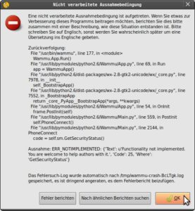 Abbildung 4: Nicht alle angebotenen Funktionen sind in Wammu bereits implementiert. Der Dialog wirkt dabei eher abschreckend. Nützlich: die Möglichkeit, den Fehler gleich zu melden.