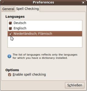 Abbildung 5: Der zweite Reiter des Einrichtungsdialogs zeigt installierte Aspell-Wörterbücher an.