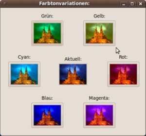 Abbildung 7: Das mittlere Bild stellt die aktuelle Farbtonvariation dar. Außen herum zeigt der Filter die neuen Möglichkeiten.