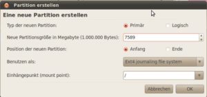 Abbildung 7: Die Hauptpartition von Ubuntu richten Sie als Ext4-Dateisystem mit dem Einhängepunkt "/" ein.