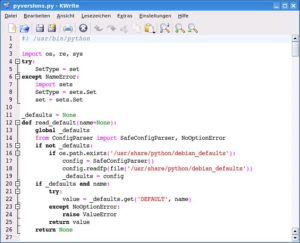 Abbildung 1: Der Editor Kwrite bietet mit Syntax Highlighting, Zeilennummern und Code Folding schon einige Funktionen, die das Programmieren erleichtern.