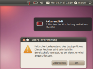 Ubuntu 10.04 erkennt den Akku nicht korrekt und zeigt unnötige Warnmeldungen an.
