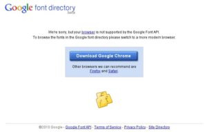 Pech gehabt: Ein Firefox 3.0.19 kann die Webfonts-Seite nicht anzeigen, auch der Opera-Browser 9.64 und der Konqueror 3.5 nicht.