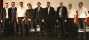 Podiumsgäste von links: Patrick Ohnewein (TIS Innovation Park), Hubert Kofler (CEO von Würth Phoenix, Gastgeber der Konferenz), Luca Deri (Ntop), Paolo Marani (Savio-Gruppe), Reinhard Scheck (Cacti Group Europe), Jan Stephenson (Op5), Peter Östlin (Op5) Michael Medin (Nagios-Core), Ethan Galstad (Nagios).