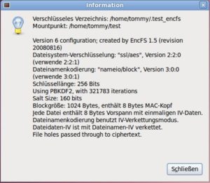 Abbildung 5: Das Informationsfenster von Cryptkeeper gibt neben dem Mountpoint auch Auskunft über die Verschlüsselungsmethode des Ordners.