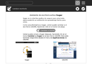 Diese neue Oberfläche - hier in spanisch - ermöglicht nach dem Software-Update des XO-Laptops pr Klick den Wechsel zwischen Sugar und Gnome. (Bild: Sugarlabs)