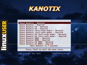 Abbildung 1: Am Boot-Screen von Kanotix wählen Sie zwischen vier verschiedenen Varianten aus.