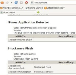 Abbildung 1: Firefox zeigt über "about:plugins" an, ob das Flash-Plug-in funktioniert und in welcher Version es vorliegt.