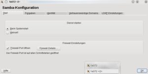 Abbildung 1: Im ersten Teil der YaST-basierten Samba-Konfiguration legen Sie fest, dass Linux den Samba-Server beim Booten mitlädt und die Firewall Samba nicht behindert.