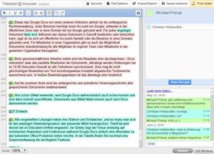 Abbildung 1: Titanpad hebt die Textanteile und Modifikationen der einzelnen Autoren übersichtlich farblich hervor. Im Chat (rechts unten) besprechen die Bearbeiter parallel das weitere Vorgehen.
