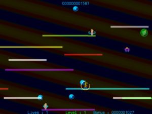 Abbildung 1: Der Neon-Look und das rasante Spieltempo kommen erst in Bewegung richtig zur Geltung. Das gelb eingekreiste Männchen ist der Spieleheld, die übrigen unförmigen Neonlichter stellen die Gegner.