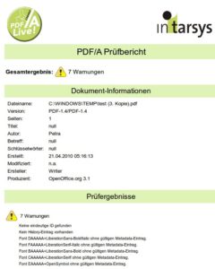 Abbildung 12: Der Prüfbericht des Intarsys-Werkzeugs weist nun weniger Fehlern aus als zuvor, wartet aber mit neuen Warnungen auf.