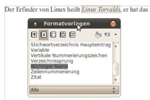 Abbildung 3: Um eine Zeichenvorlage auf markierten Text anzuwenden, reicht ein Doppelklick auf den richtigen Eintrag in der Vorlagenliste aus.
