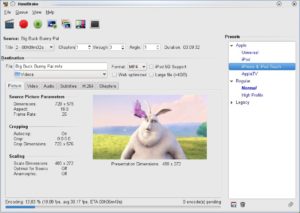 Abbildung 4: Das Umrechnen dauert eine Weile: Für den zehnminütigen Kurzfilm Big Buck Bunny brauchte HandBrake auf unserem Testcomputer knappe sieben Minuten (wie am unteren Bildrand vorausgesagt).