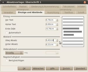 Abbildung 5: Über den Reiter "Einzüge und Abstände" legen Sie u. a. fest, wie viel Abstand Writer zum vorherigen und zum folgenden Absatz lassen soll.