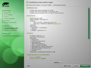 Abbildung 7: Point of no return: Klicken Sie hier auf Installieren, richtet YaST OpenSuse ein. Wählen Sie Abbrechen, dann bleibt das System unverändert.