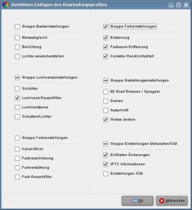 Abbildung 7: Mit Rawtherapee übertragen Sie Bildeinstellungen einzeln oder komplett auf andere Aufnahmen.