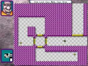 Abb. 6: Dieses Rätsel stammt aus dem Tutorial von DROD: The City Beneath: Zunächst muss man die Lunte der Bombe berühren und dann einige Züge per [5] warten. Sind die Kakerlaken perdu, öffnet sich die grüne Tür.