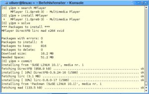 Abbildung 1: Die Installation mit Y2pmsh auf einen Blick: search, install, solve, commit.