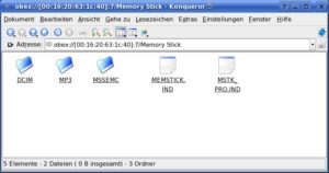 Abbildung 1: Über den Obex-Server lassen sich mit Hilfe des Konquerors komfortabel Dateien zwischen Handy und Rechner austauschen, wie hier beim Sony W300i. Dies funktioniert jedoch mit Suse Linux 10.1 nicht mehr.
