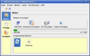 Abbildung 1: Das Hauptfenster von KMediafactory mit den vier Menüpunkten zum Hinzufügen von Video-Dateien.