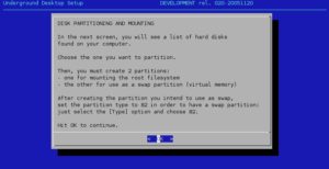 Abbildung 1: Der Textbasierte Installer von Underground Linux benötigt lediglich zwei Partitionen und das Root-Passwort.