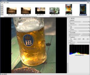 Abbildung 1: In der oberen Leiste zeigt Rawstudio die zu bearbeitenden RAW-Bilder, rechts finden sich die Bedienelemente.