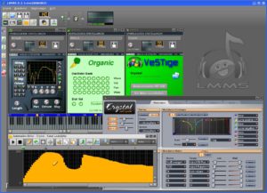 Abbildung 1: Die Bedienoberfläche von LMMS samt einiger neuer Plugins (Vibe, Organic, VeSTige) und dem Automations-Editor – hier mit einer Hüllkurve für die Lautstärke.