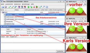 Abbildung 1: Zu jeder Datei sehen Sie in SVN und CVS einen Logeintrag mit allen Änderungen, Äderungsdatum und dem Namen des Bearbeiters. Bei sich überschneidenden Änderungen meldet das Tool einen Konflikt und stellt die konkurrierenden Teile einander gegenüber.