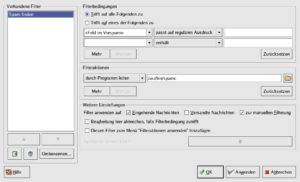 Abbildung 1: Das Filter-Fenster in KMail. Im linken unteren Bereich liegt der Button für eine neue Filterregel.