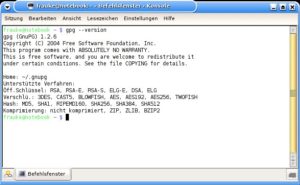 Abbildung 1: Zum Verschlüsseln und Signieren setzen die meisten Mail-Programme auf das Kommandozeilen-Tool gpg. "gpg --version" verrät, welche Version auf Ihrem System installiert ist.